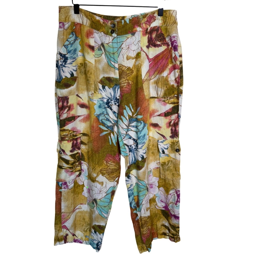 Chicos Floral Linen Cropped Cargo Pants Large Ankle Utility Traveler Beach Boho